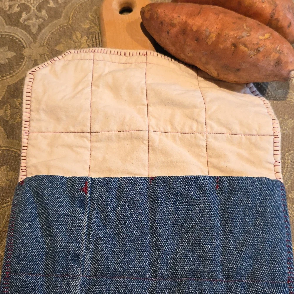 HAND CRAFTED Potato Pouch Microwave UPCYCLE Blue Denim Cotton Farmhouse 8.5 Inch